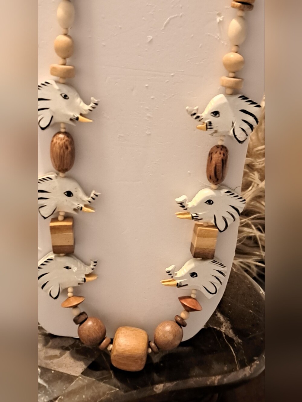 Elephant Carved Wood Bead Necklace - White & Natural Wood